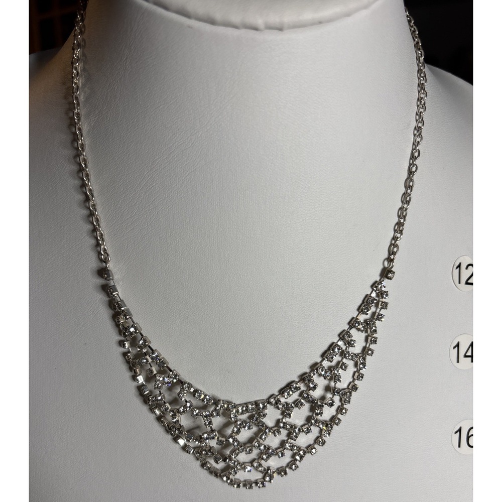Silver Tone Clear Rhinestone Bib Necklace Statement Bridal Evening Glamour